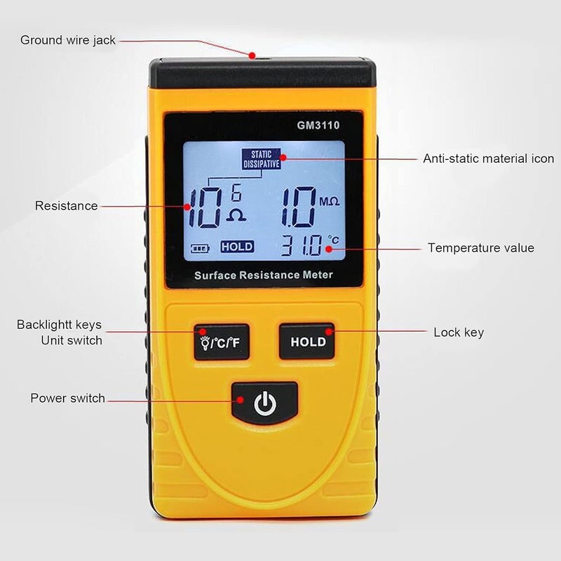 plplaaoo Surface Resistance Meter GM3110 – Handheld Resistance Tester with High-Definition LCD Backlight, Digital Anti-Static Surface Resistance Analyzer for ESD, Electronics Lab, Industrial Safety - Image 2